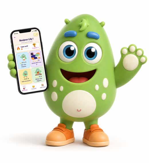 La mascotte de l'application, un petit monstre vert, présente le tableau de missions d'un enfant sur un téléphone.