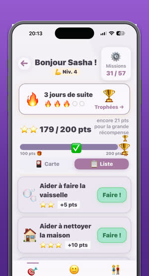 Le tableau d'un enfant de 7 à 10 ans, avec points, niveau et série de jours