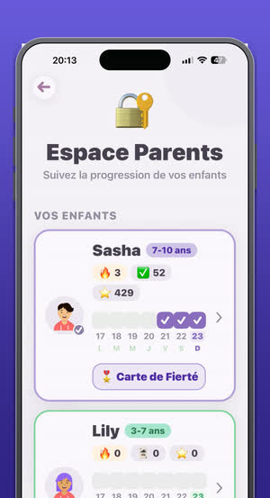L'espace parents, protégé par un code, avec le suivi de chaque enfant
