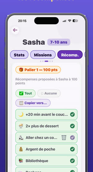 Les récompenses proposées par le parent au palier de 100 points
