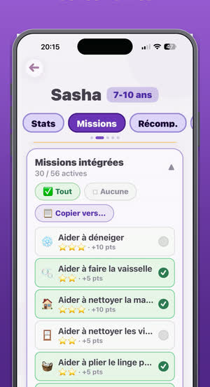 La liste des missions intégrées dans l'espace parent