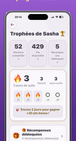 L'écran des trophées, avec la série de jours actifs et les bonus