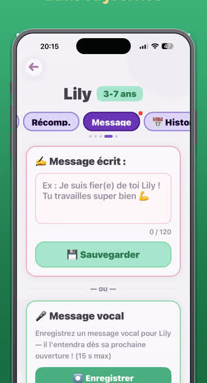 L'écran permettant au parent de laisser un message écrit ou vocal